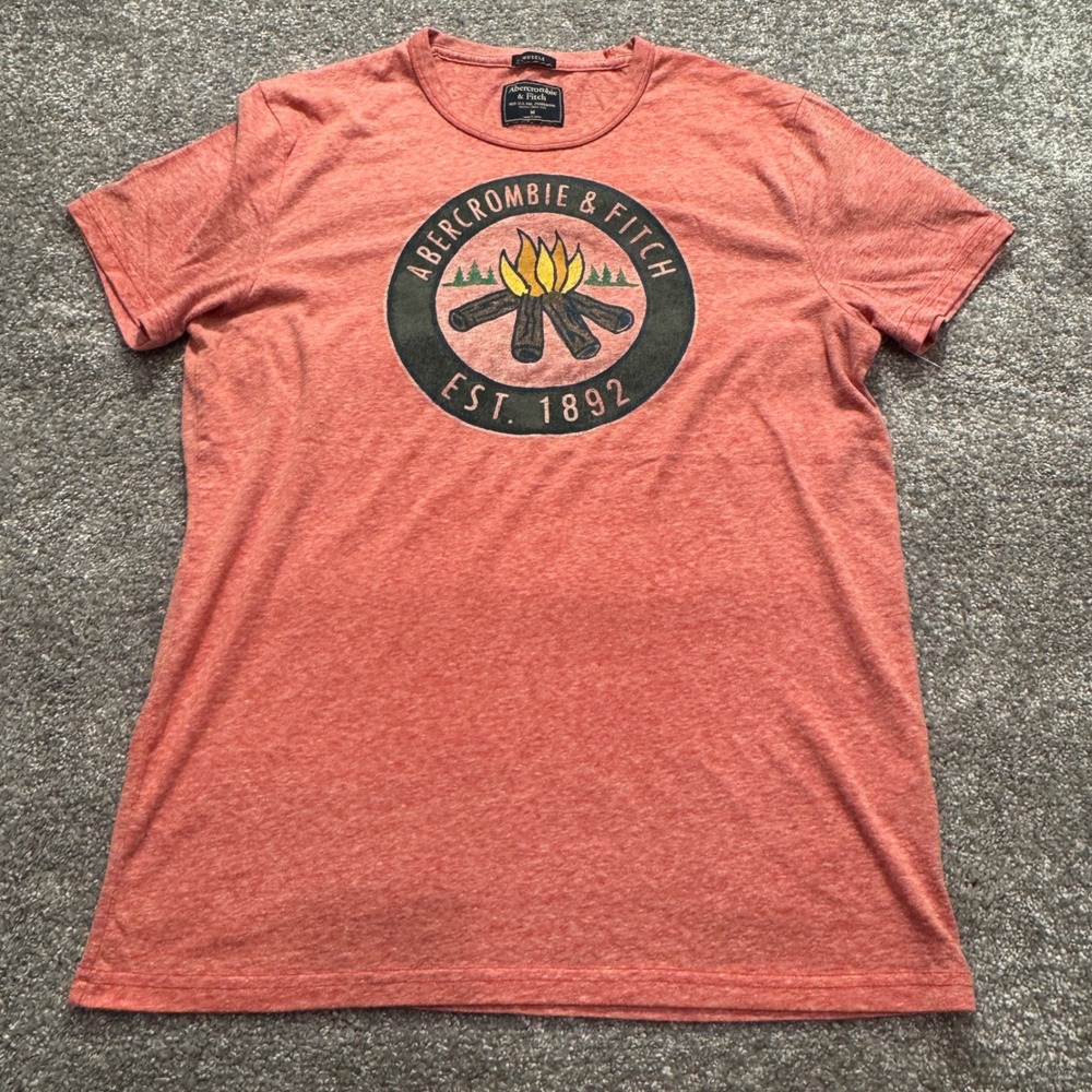 Abercrombie & Fitch Shirt Mens Medium Red Heather Cotton Camp Graphic Muscle Fit